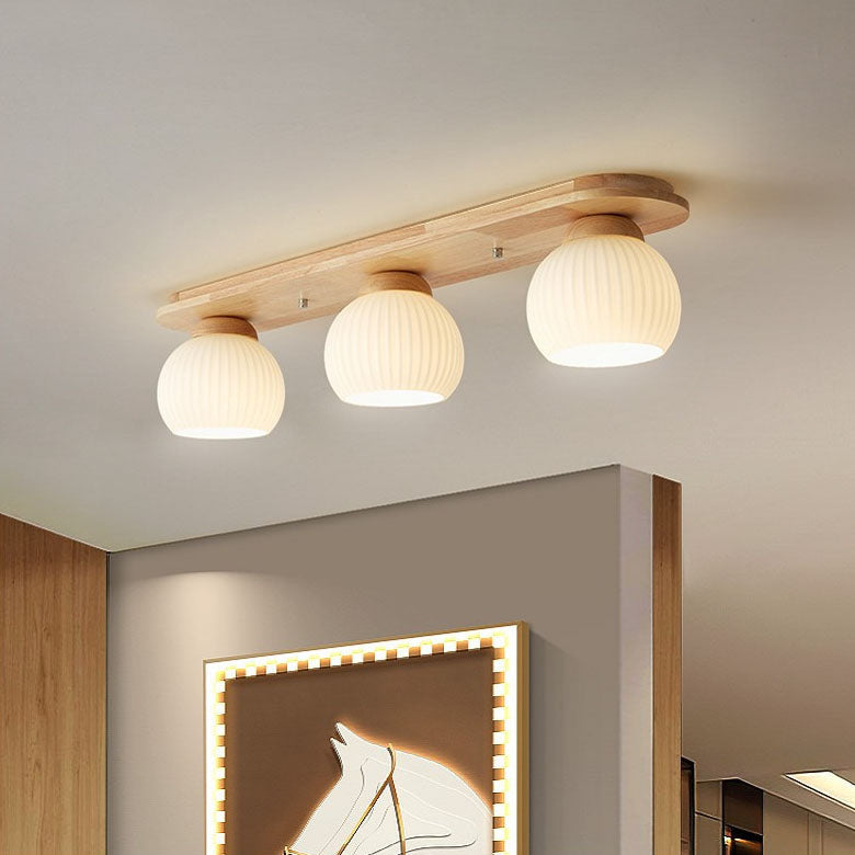 Traditional Japanese Striped Glass Wood Long Plate 2/3 Light Flush Mount Ceiling Light