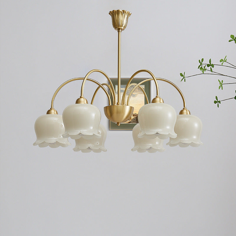 Traditional French Cream Floral Copper Glass 5/6/8 Light Chandelier For Living Room