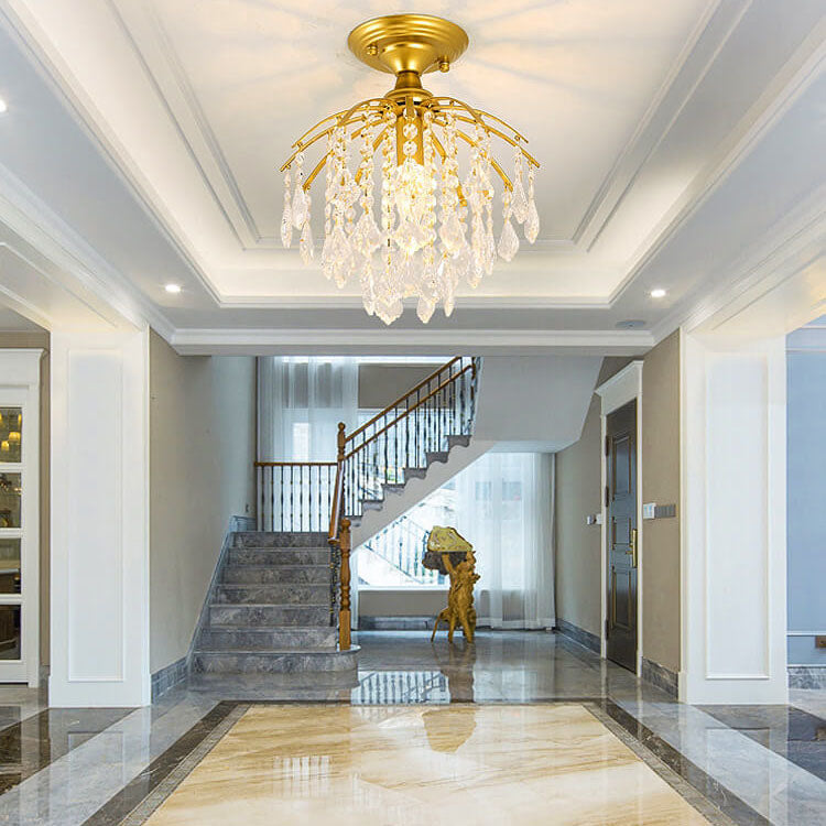 Modern Luxury Round Iron Crystal 1-Light Semi-Flush Mount Ceiling Light For Living Room