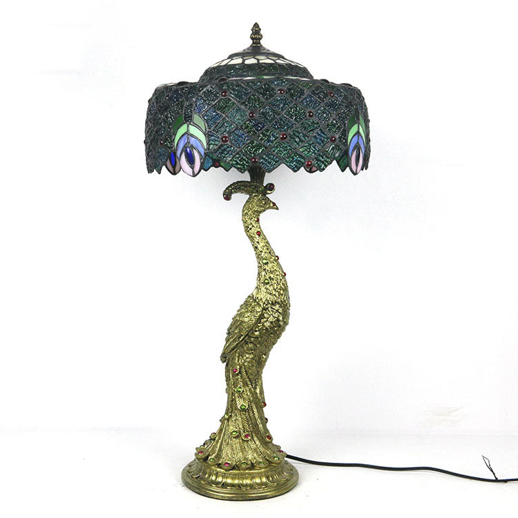 Traditional Tiffany Peacock Gem Dome Glass Resin 1-Light Table Lamp For Living Room & Bedroom