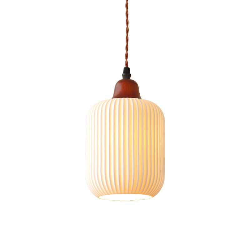 Traditional Japanese Pleated Round Dome Ceramic Solid Wood Iron 1-Light Pendant Light For Living Room & Bedroom