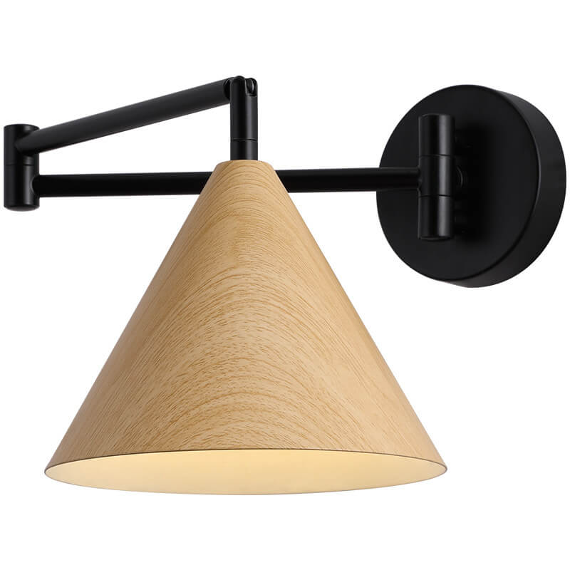 Contemporary Nordic Cone Swing Arm Wood Grain Iron 1-Light Wall Sconce Lamp For Bedroom