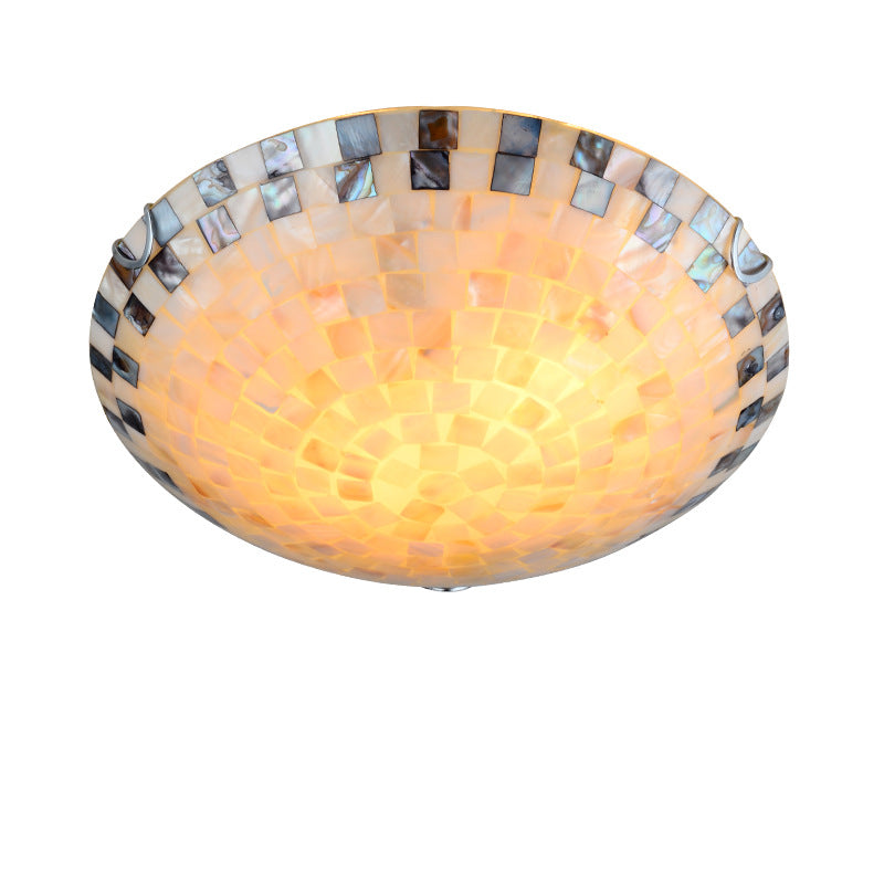 Traditional Tiffany Mediterranean Mosaic Shell Round LED Flush Mount Ceiling Light For Living Room