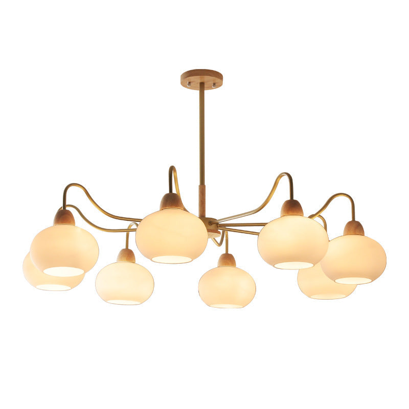 Contemporary Scandinavian Rubberwood Glass Iron Round Curved 3/6/8 Light Chandelier for Living Room