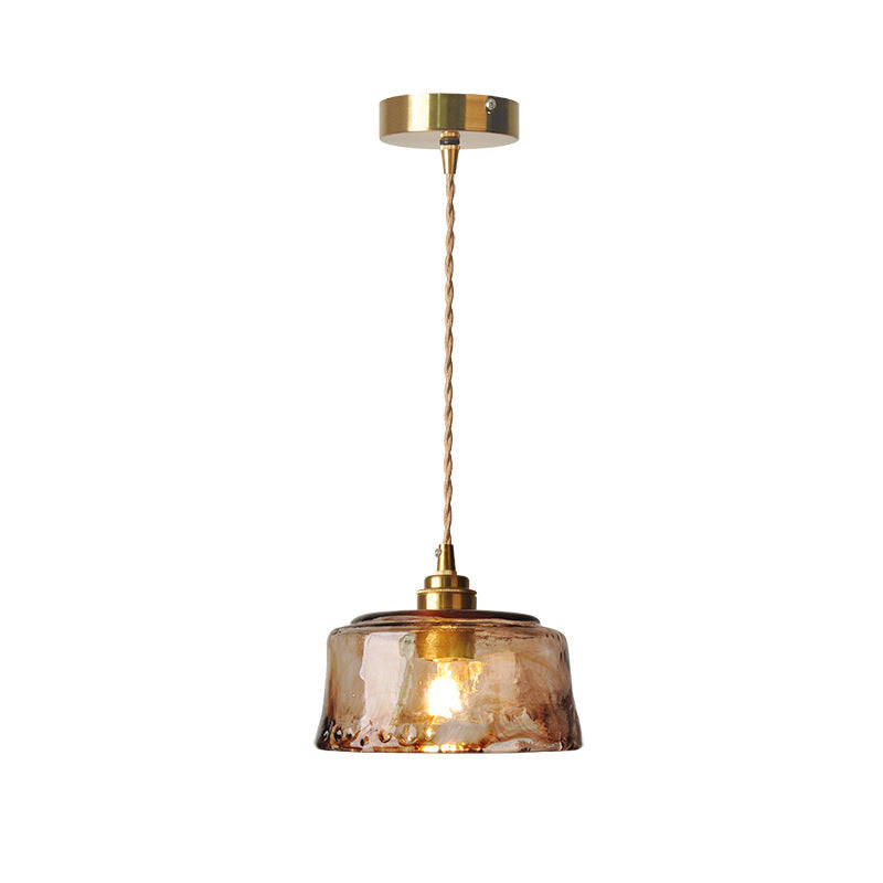 Traditional Vintage Amber Drum Round Glass Brass 1-Light Pendant Light For Living Room