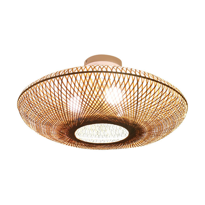 Traditional Japanese Round Bamboo Weaving Flying Saucer 3-Light Semi-Flush Mount Light For Bedroom