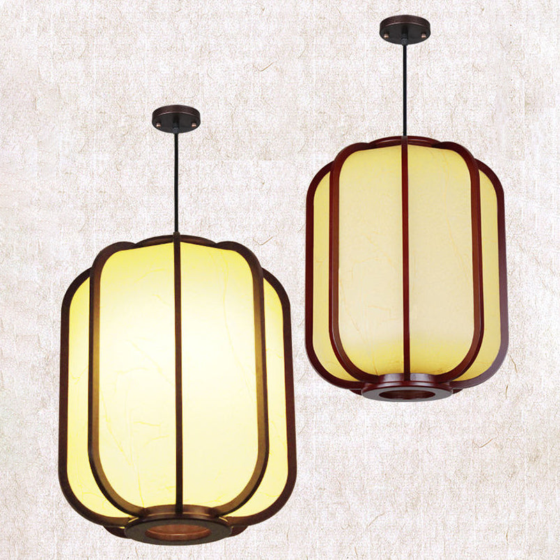 Traditional Chinese Faux Sheepskin Wooden Lantern Round 1-Light Pendant Light for Living Room
