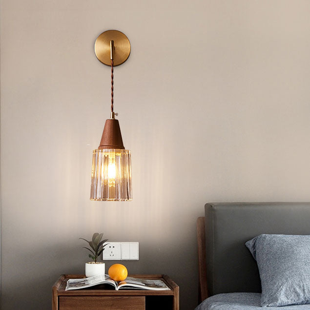 Traditional Japanese Walnut Glass Copper Cylinder 1-Light Wall Sconce Lamp