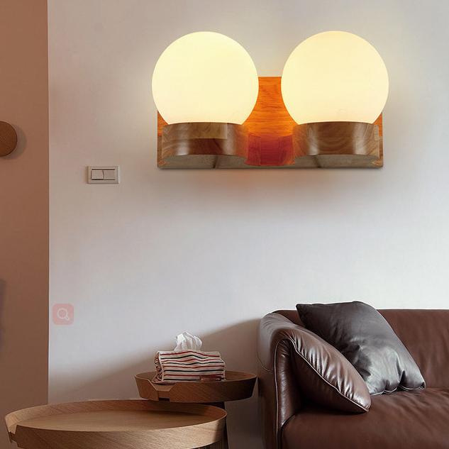 Contemporary Nordic Rubberwood Glass Ball 1/2-Light Wall Sconce Lamp For Bedroom