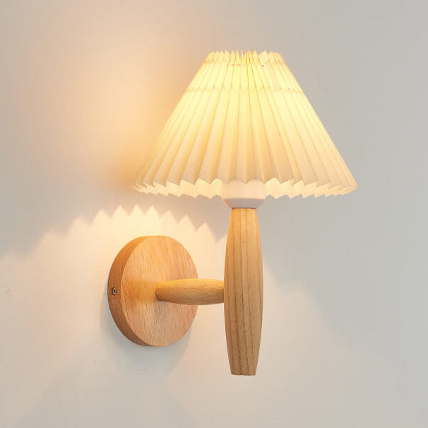 Vintage Wooden Pleated Umbrella Shade 1-Light Wall Sconce Lamp