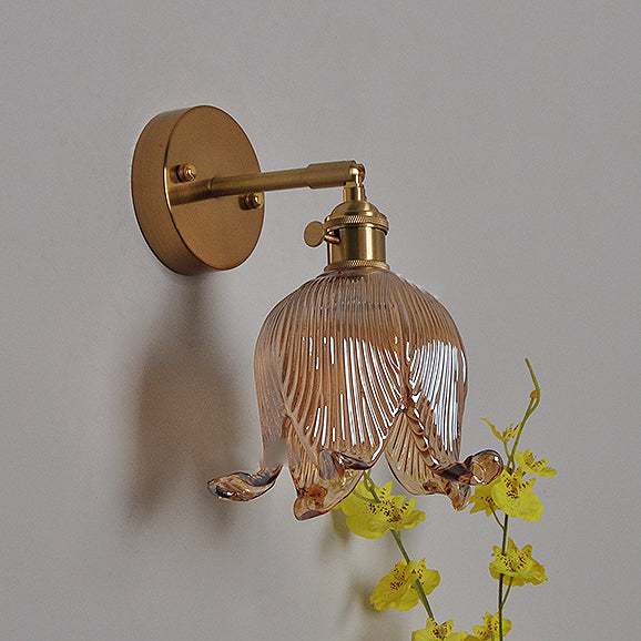 Traditional Vintage Brass Glass Bell Flower 1-Light Wall Sconce Lamp for Living Room