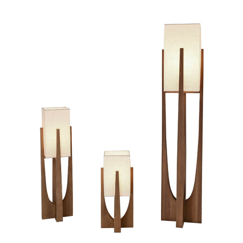 Modern Minimalist Copper Fabric Ash Wood Rectangular 1-Light Standing Floor Lamps For Living Room & Bedroom