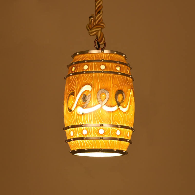 Traditional Vintage Resin Hemp Rope Wine Barrel Resin 1-Light Pendant Light For Living Room