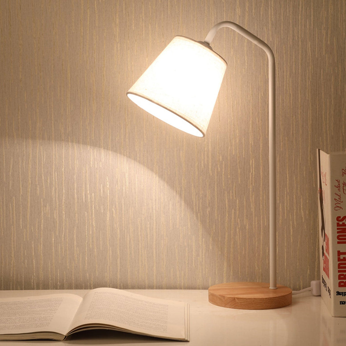 Nordic Minimalist Cone Linen Shade Wood Base 1-Light Table Lamp
