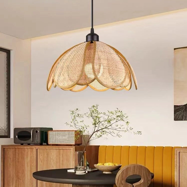 Traditional Japanese Rattan Petal 1-Light Pendant Light With Adjustable Cord For Dining Room, Bedroom & Living Room