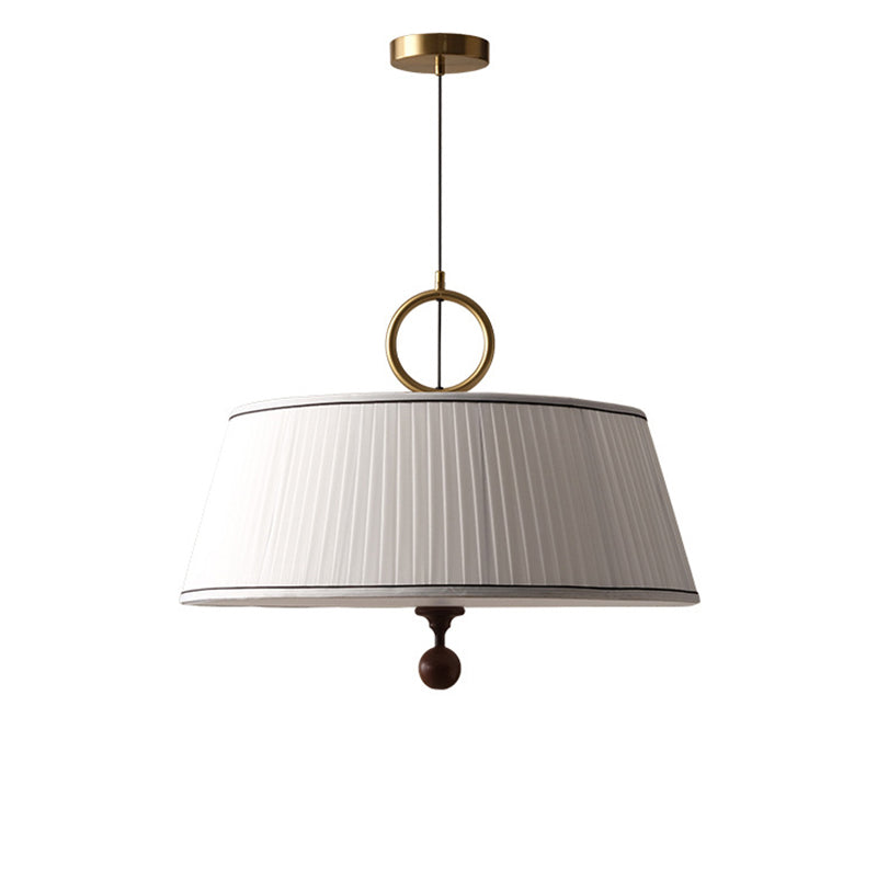 Traditional Vintage Fabric Ash Wood Hardware Pleated Round 1-Light Chandelier For Bedroom & Living Room