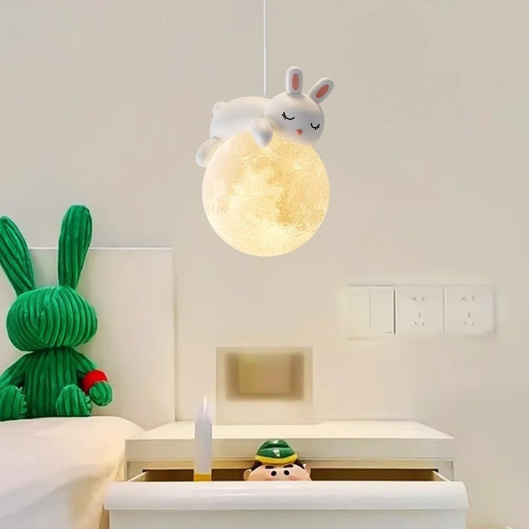 Modern Minimalist Cartoon Kids Moon Cute Animal Bear Rabbit Dog Elephant Sheep Resin Hardware PE 1-Light Pendant Light For Bedroom