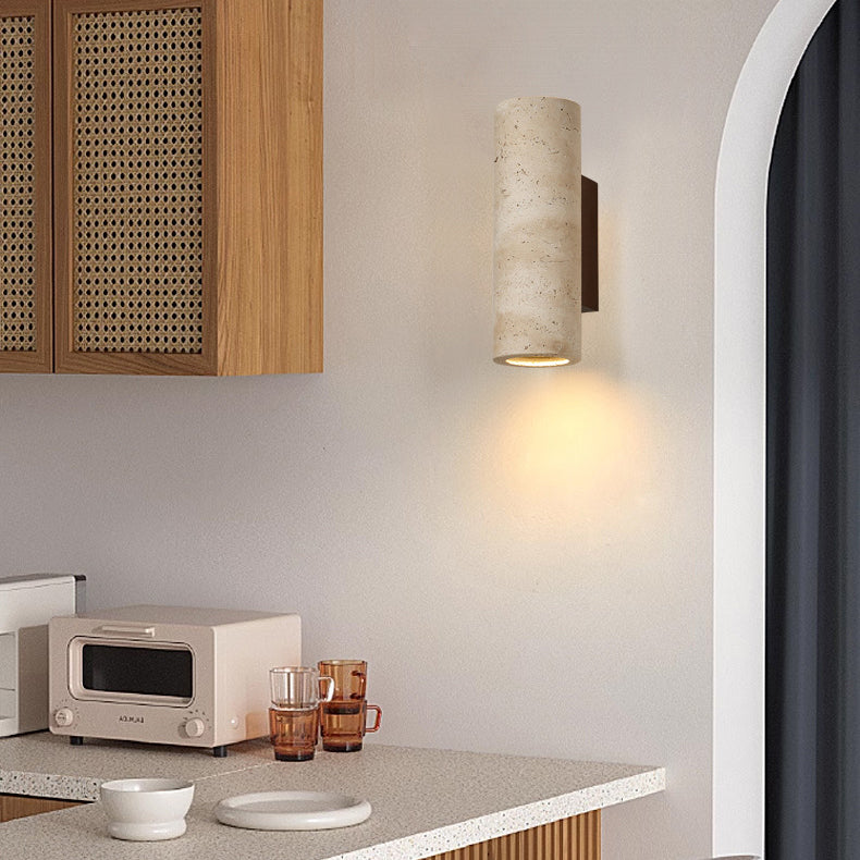 Traditional Japanese Square Cylinder Rectangle Yellow Travertine Solid Wood 1-Light Wall Sconce Lamp For Living Room