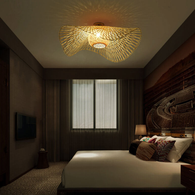 Traditional Japanese Weaving Bamboo 1-Light Semi-Flush Mount Ceiling Light For Bedroom