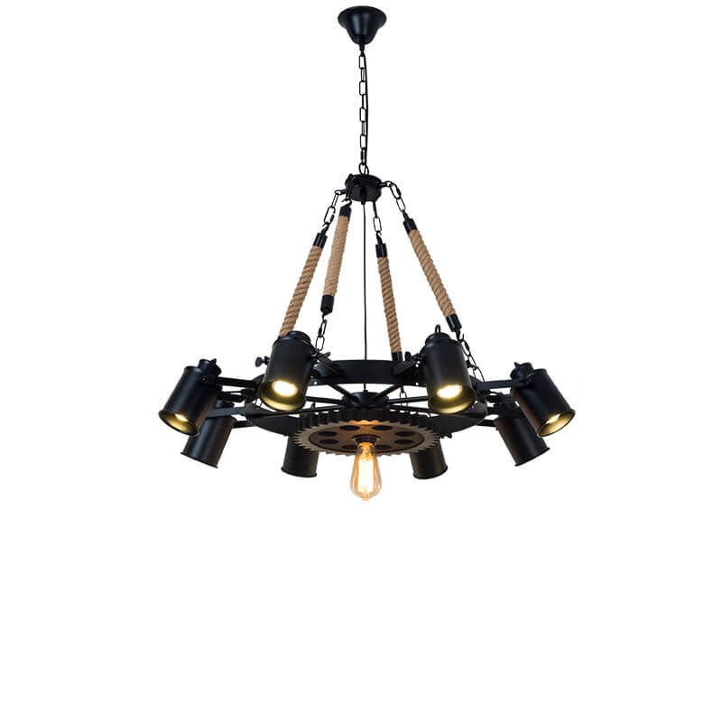 Contemporary Industrial Retro Gear Wrought Ion Hemp Rope 7/9/11-Light Chandelier For Living Room