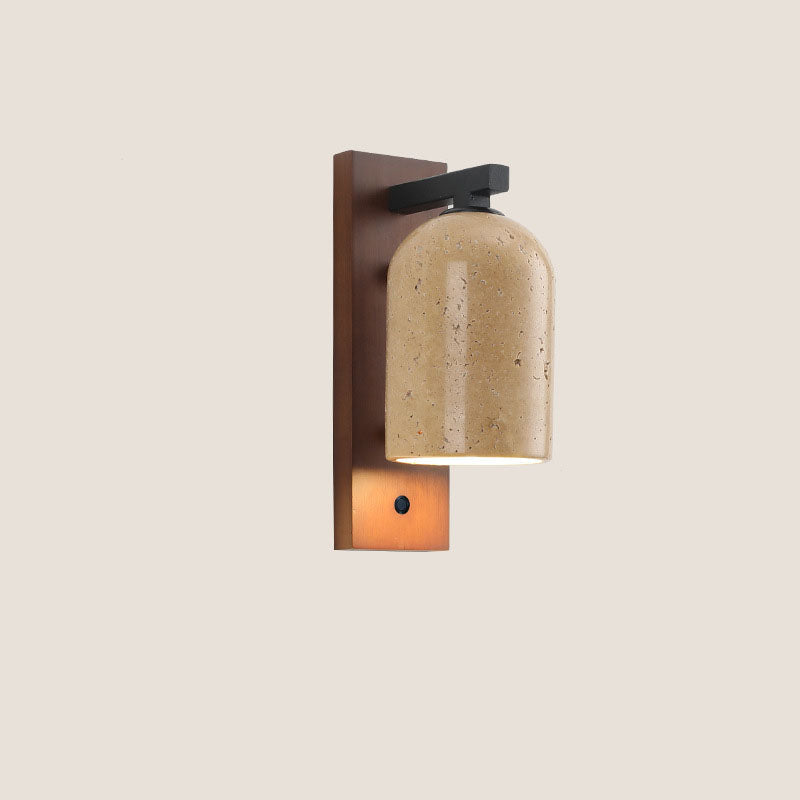 Traditional Japanese Yellow Travertine Cylinder Solid Wood Base 1-Light Wall Sconce Lamp For Bedroom