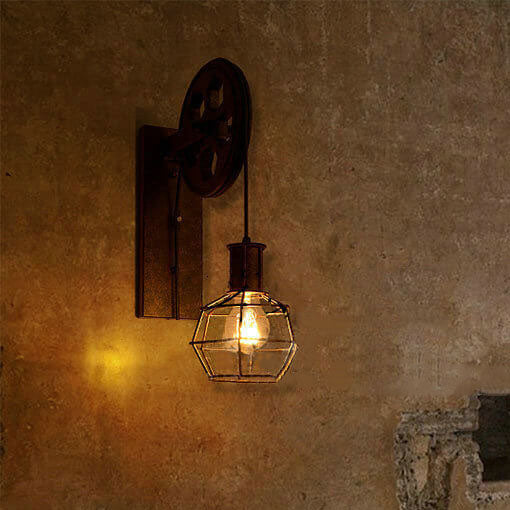 Traditional Vintage Pulley Iron Wood 1-Light Wall Sconce Lamp