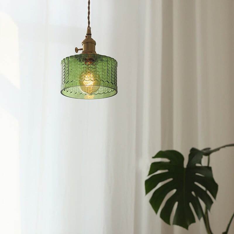 Contemporary Nordic Brass Iron Glass Clear Round Drum Copper 1-Light Pendant Light For Living Room & Bedroom