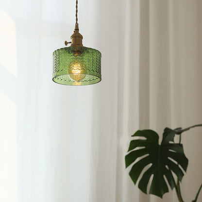 Contemporary Nordic Brass Iron Glass Clear Round Drum Copper 1-Light Pendant Light For Living Room & Bedroom