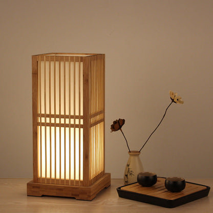 Traditional Japanese Square Bamboo Column 1-Light Table Lamp For Bedroom
