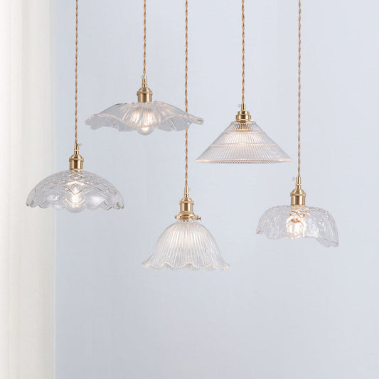Traditional Vintage Clear Glass Flower Shape Brass 1-Light Pendant Light For Living Room