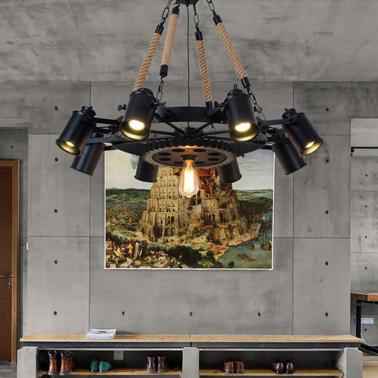 Contemporary Industrial Retro Gear Wrought Ion Hemp Rope 7/9/11-Light Chandelier For Living Room