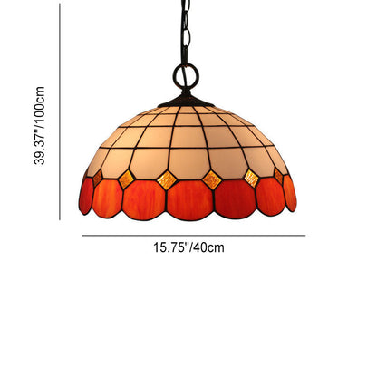 Traditional Tiffany Gemstone Stained Glass Iron Dome 3-Light Pendant Light For Living Room