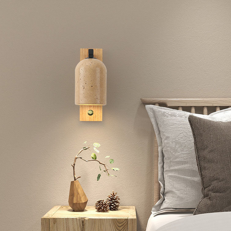 Traditional Japanese Yellow Travertine Cylinder Solid Wood Base 1-Light Wall Sconce Lamp For Bedroom