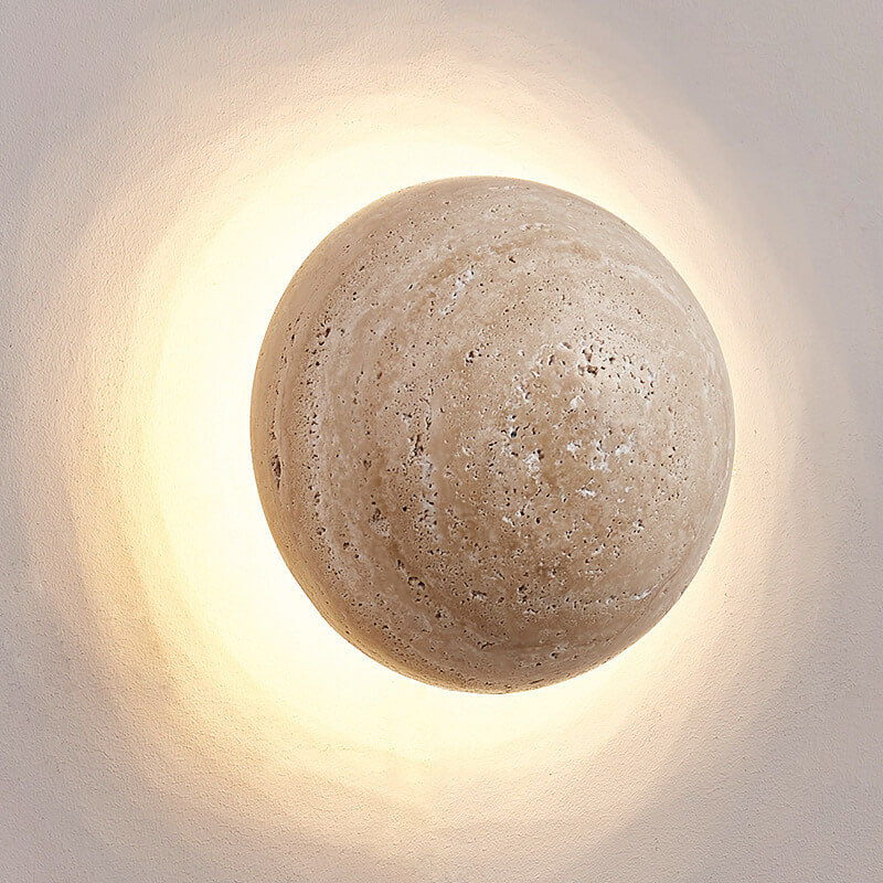 Traditional Japanese Round Yellow Travertine Wabi-Sabi LED Wall Sconce Lamp For Hallway