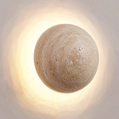 Traditional Japanese Round Yellow Travertine Wabi-Sabi LED Wall Sconce Lamp For Hallway