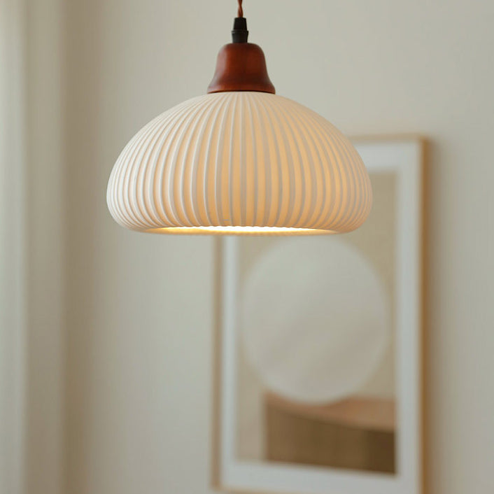 Traditional Japanese Pleated Round Dome Ceramic Solid Wood Iron 1-Light Pendant Light For Living Room & Bedroom