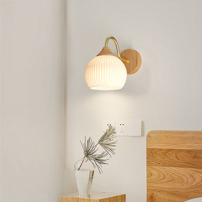 Contemporary Nordic Iron Glass Striped Round Log Wood 1-Light Wall Sconce Lamp For Living Room & Bedroom