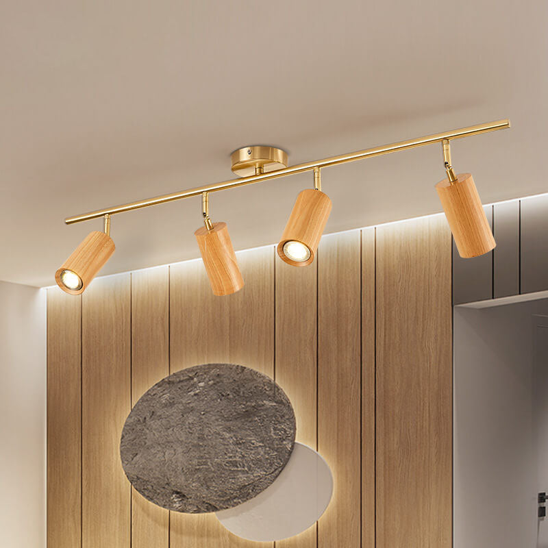 Modern Minimalist Walnut Wood Spotlight Linear Track Rubberwood Iron LED Semi-Flush Mount Ceiling Light for Living Room