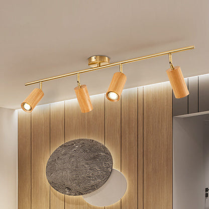Modern Minimalist Walnut Wood Spotlight Linear Track Rubberwood Iron LED Semi-Flush Mount Ceiling Light for Living Room