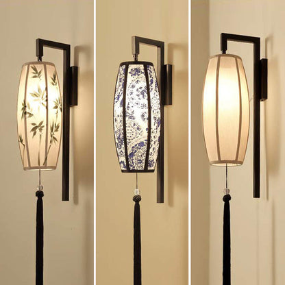 Traditional Chinese Painted Fabric Lantern Tassel 1-Light Wall Sconce Lamp For Hallway