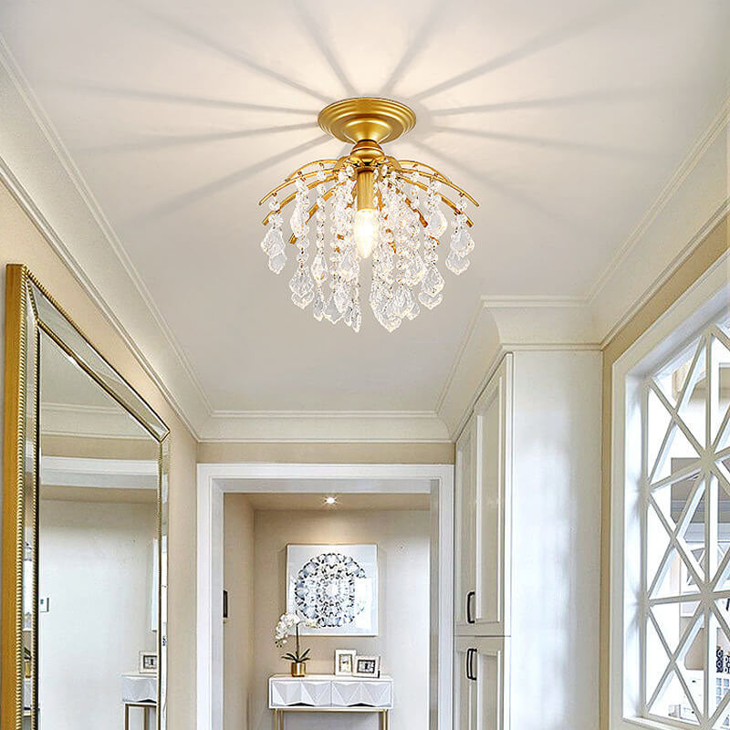 Modern Luxury Round Iron Crystal 1-Light Semi-Flush Mount Ceiling Light For Living Room