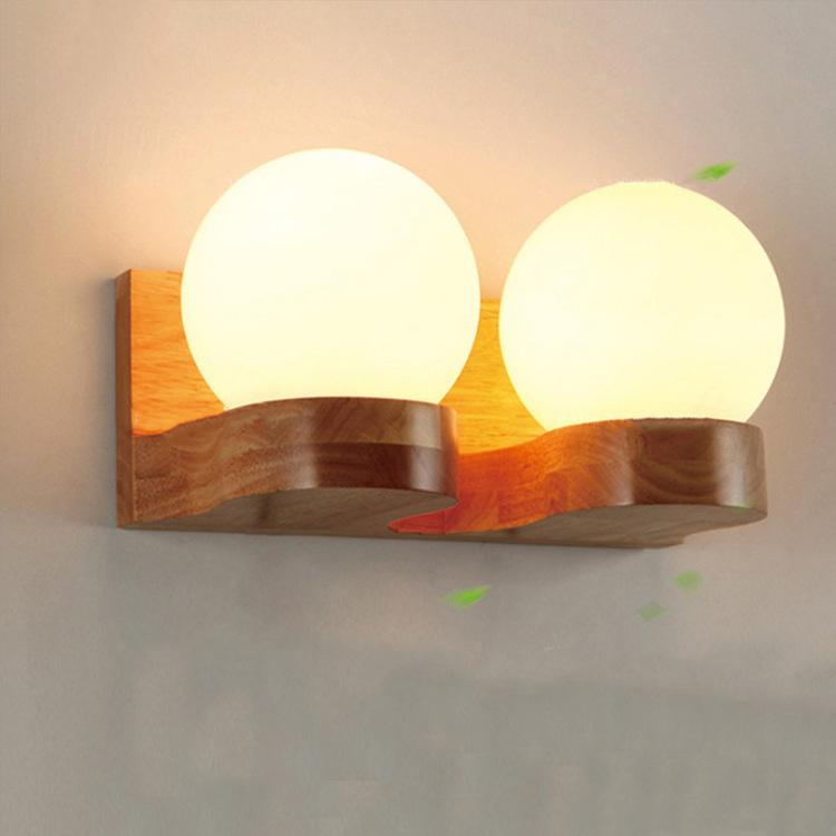 Contemporary Nordic Rubberwood Glass Ball 1/2-Light Wall Sconce Lamp For Bedroom