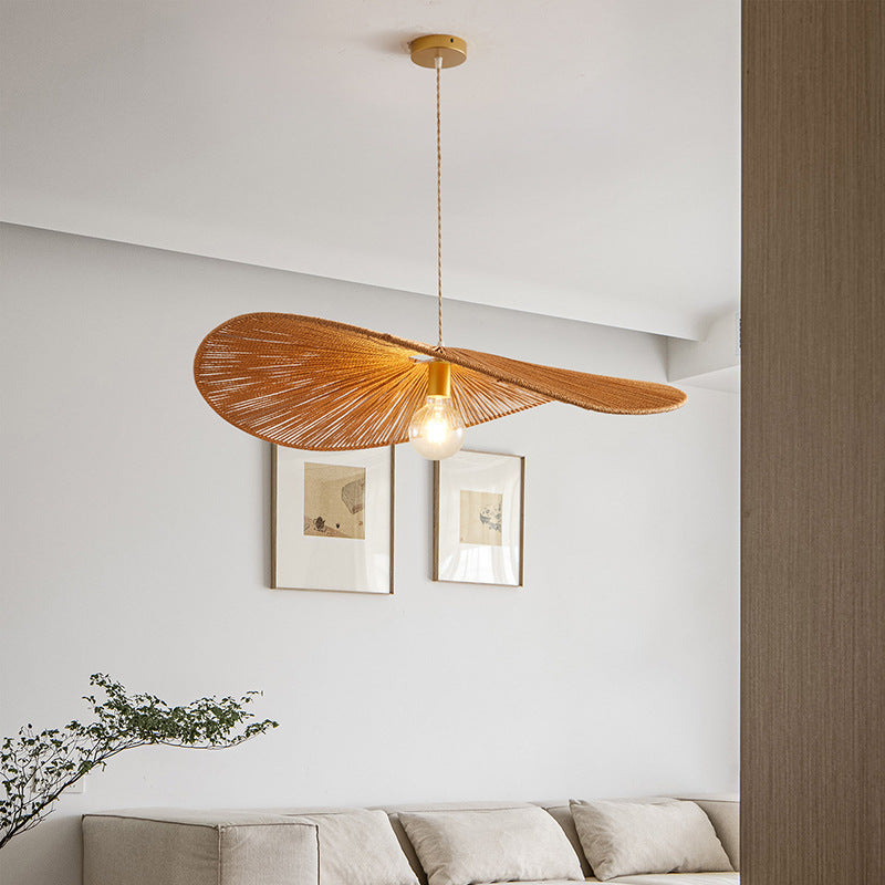 Traditional Japanese Rope Weaving Straw Hat Round 1-Light Pendant Light For Dining Room