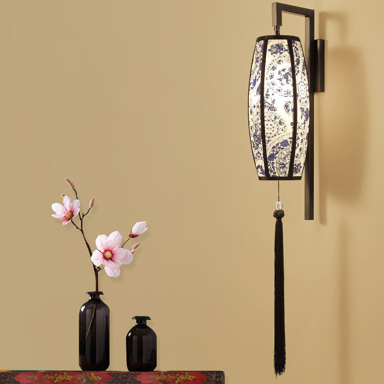 Traditional Chinese Painted Fabric Lantern Tassel 1-Light Wall Sconce Lamp For Hallway