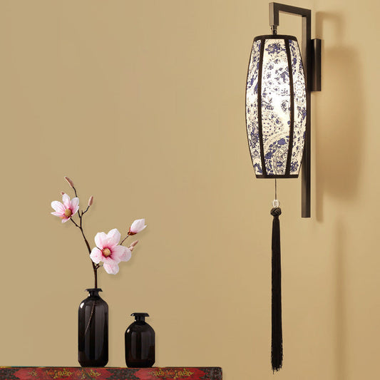 Traditional Chinese Painted Fabric Lantern Tassel 1-Light Wall Sconce Lamp For Hallway
