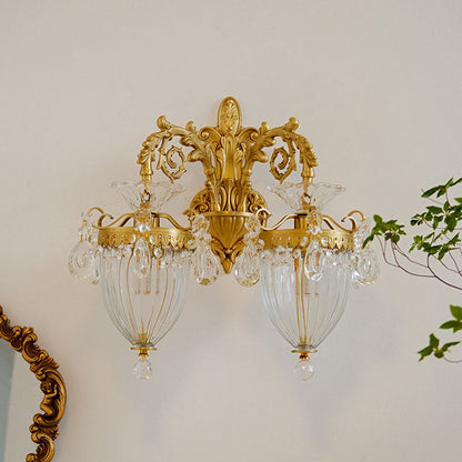 Traditional French Court Lantern Brass Crystal 1/2 Light Wall Sconce Lamp For Living Room