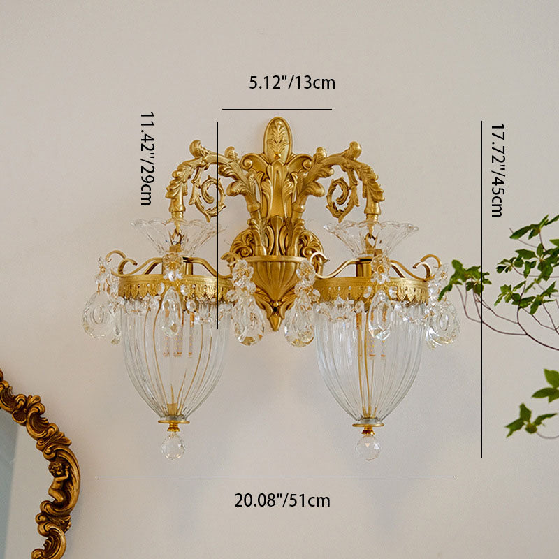 Traditional French Court Lantern Brass Crystal 1/2 Light Wall Sconce Lamp For Living Room