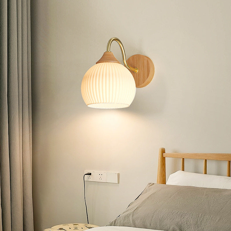 Contemporary Nordic Iron Glass Striped Round Log Wood 1-Light Wall Sconce Lamp For Living Room & Bedroom