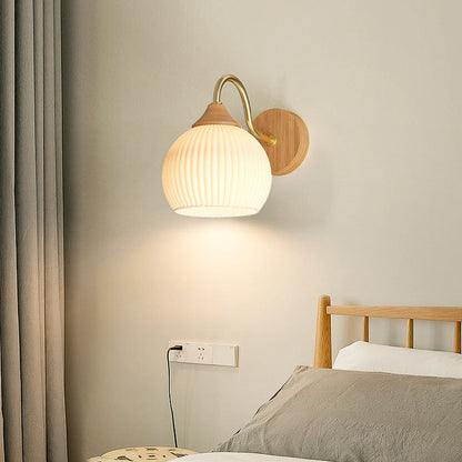 Contemporary Nordic Iron Glass Striped Round Log Wood 1-Light Wall Sconce Lamp For Living Room & Bedroom