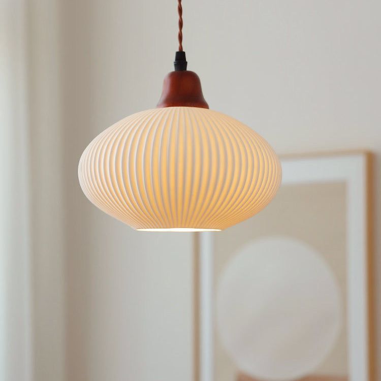 Traditional Japanese Pleated Round Dome Ceramic Solid Wood Iron 1-Light Pendant Light For Living Room & Bedroom